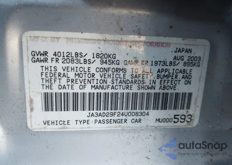 2004 Mitsubishi Lancer Sportback Ls from USA, damaged, VIN JA3AD29F24U008304
